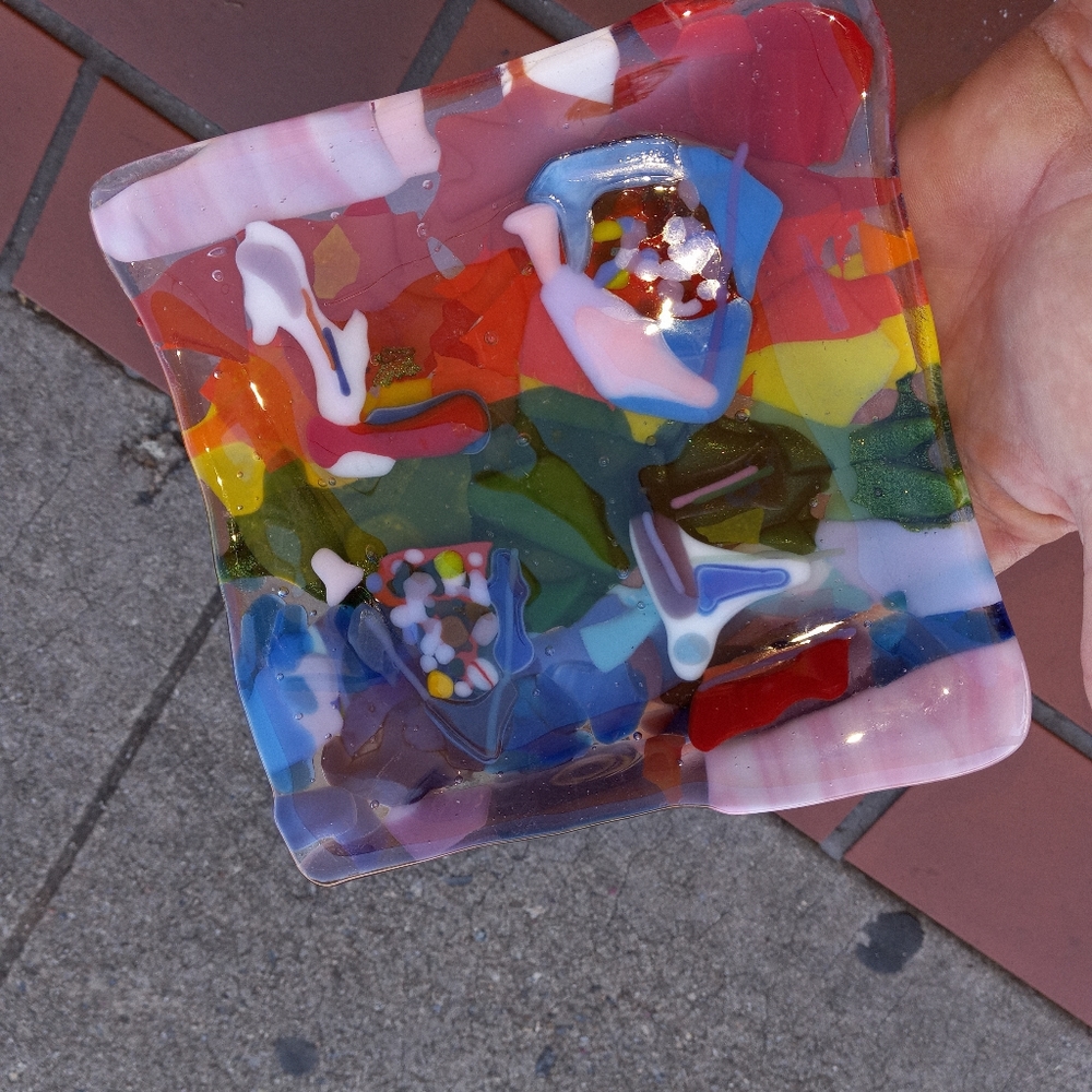 Infused glass Rainbow LOVE dish  Like new.  60's.
